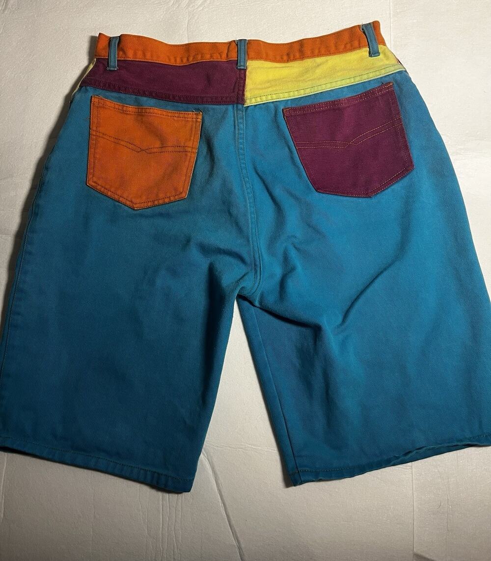 Vintage 90s I.O.U. Exit Blue Colorblock Denim Shorts Men’s 38 Hip Hop Baggy